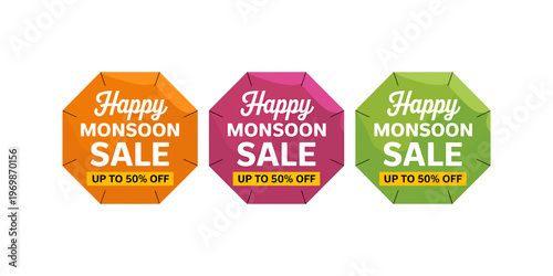 Happy monsoon sale promotion banners with discount up to 50 off