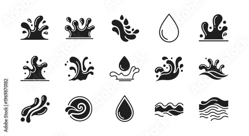 Water splash vector icons set. Liquid drops collection.