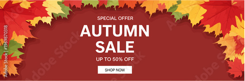 Autumn sale special offer up to fifty percent off shopping banner with colorful leaves
