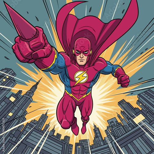 Bold Comic-Style Superhero Soaring Through a Geometric Sky with Unyielding Power.