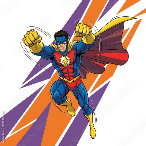 Bold Comic-Style Superhero Soaring Through a Geometric Sky with Unyielding Power.