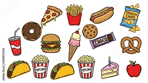 Collection of popular fast food and snack items including pizza, burgers, tacos, fries, donuts, ice cream, cookies, popcorn, and drinks