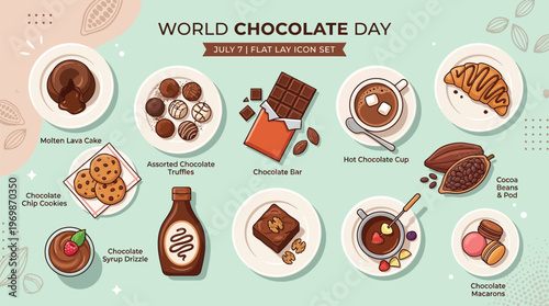 An illustrated flat lay collection of various chocolate desserts and treats for World Chocolate Day, including cakes, cookies, truffles, hot chocolate, and cocoa pods.