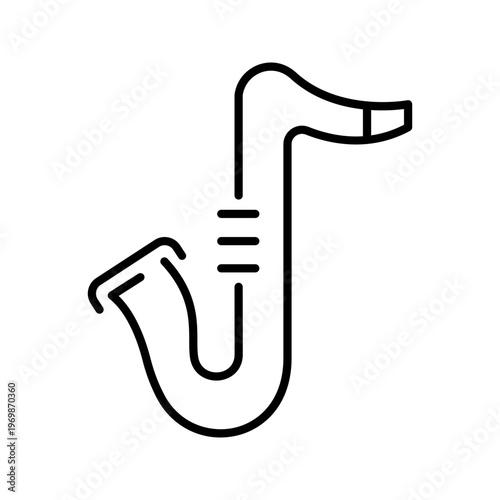 Saxophone instrument icon. Entertainment and woodwind line symbol. Black and white.