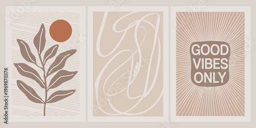 Minimalist bohemian posters with good vibes and plant designs in earthy tones