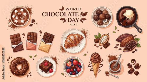 World Chocolate Day celebration with an assortment of delicious chocolate desserts, treats, and ingredients displayed on a light background.