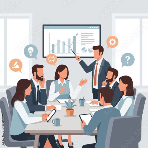 Professional Business Analysts Collaborating on Data-Driven Growth During a Modern Office Seminar.