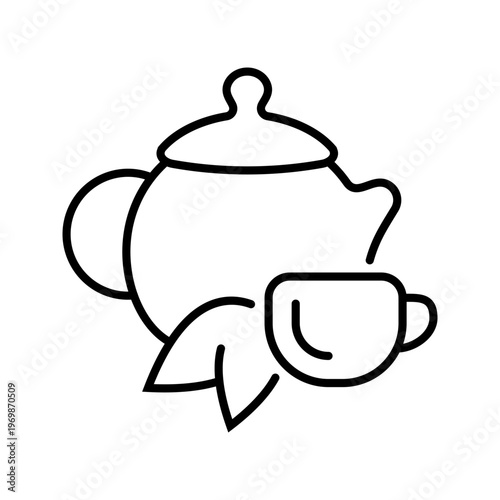 Tea pot icon. Food and hot beverage line symbol. Black and white.