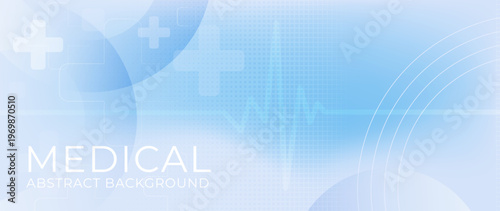 Abstract healthcare background. Soft blue teal gradient, medical crosses, ECG wave. Clean modern design, subtle grid texture. Professional medical backdrop for hospital, telemedicine, presentations