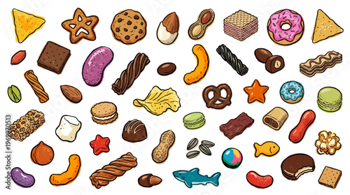 Diverse Assortment of Sweet and Savory Snacks and Candies Arranged Randomly Isolated on White Background