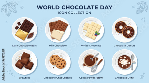 A vibrant illustration showcasing a collection of various chocolate products and treats, including bars, donuts, cookies, brownies, and drinks, celebrating World Chocolate Day.