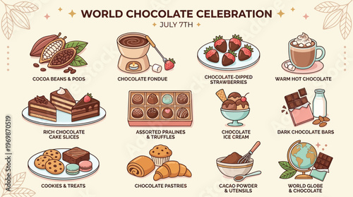 An illustrated infographic celebrating World Chocolate Day on July 7th, showcasing a variety of delicious chocolate treats, desserts, drinks, and ingredients.