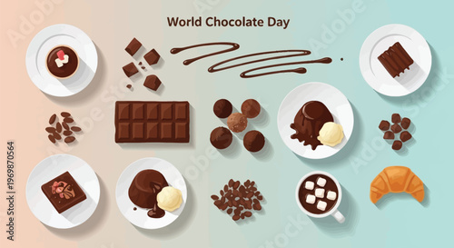 An overhead view of various chocolate desserts, ingredients, and treats arranged on a gradient background for World Chocolate Day.