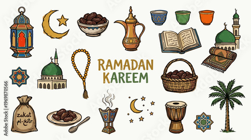 Ramadan Kareem Islamic cultural elements and symbols for Muslim holy month celebration and religious observance