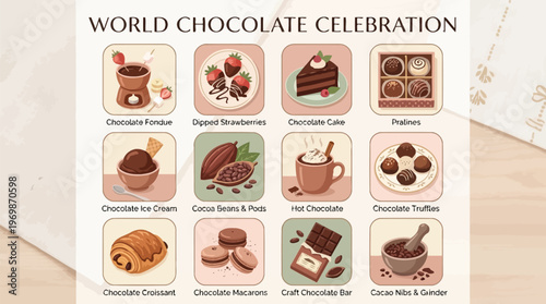 A comprehensive visual guide to a World Chocolate Celebration, showcasing various chocolate desserts, drinks, ingredients, and treats like fondue, cake, truffles, and cacao.