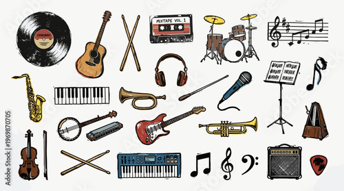 Collection of musical instruments and accessories, vintage style illustration, celebrating music and creativity