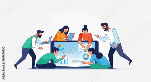 Diverse team collaborating on digital data analysis and business strategy