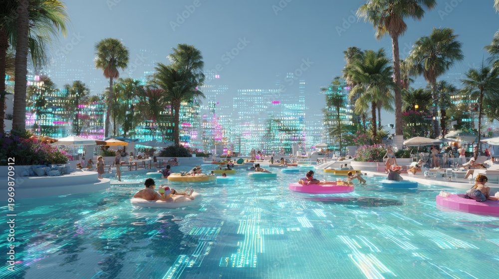 Fototapeta premium Tropical resort scene with many people in colorful floaties in a turquoise pool with palm trees, buildings, and clear skies