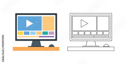 Computer Monitor Outline Icon with Video Player and Mouse Vector, Screen Display Illustration Design. Perfect for representing online video streaming, digital media, and computer-based interactions.