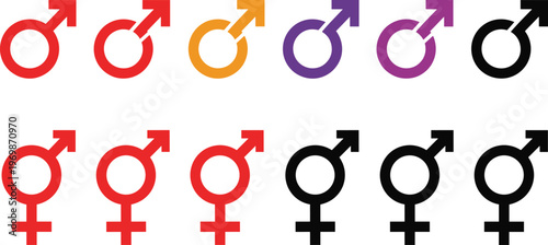 Vector Set of Gender Symbols in Various Colors, Including Male and Female Icons, Isolated on White Background for Equality and Gender Representation Designs