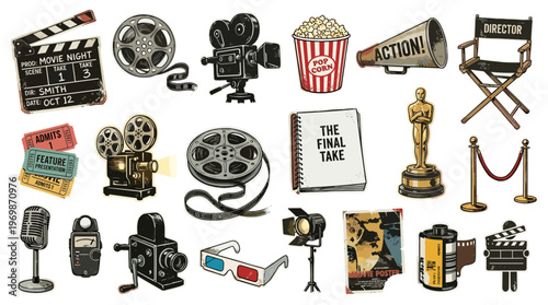 Collection of vintage and modern filmmaking equipment and symbols representing the art of cinema and movie production