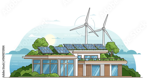 Eco-friendly house with solar panels and wind turbines, green energy concept