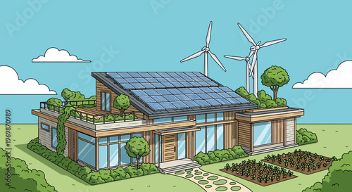 Eco-friendly modern house with solar panels and wind turbines