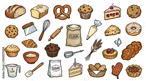 Assortment of delicious baked goods and baking tools, perfect for culinary themes and food blogs
