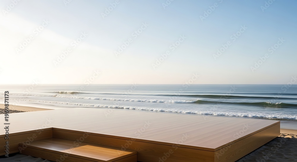 Fototapeta premium Modern wooden deck on a sandy beach overlooking the ocean with gentle waves under a clear sky