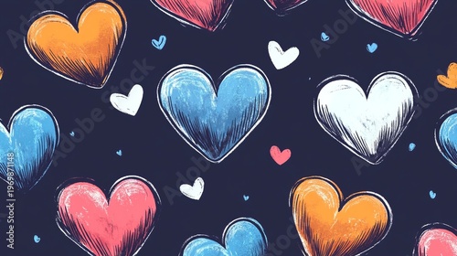 Charming Seamless Pattern of Hand-Drawn Doodle Hearts, Playful Cartoon Illustrations Evoking Love