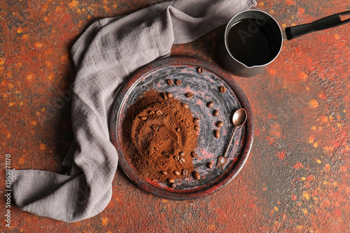 Plate with coffee powder an...