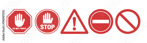 Various warning and prohibition signs vector set, including stop, no entry, and exclamation mark.