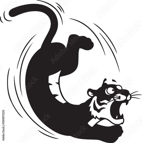 Dynamic black silhouette of a cat in mid-air with an expressive face isolated on transparent background, Vector