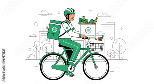 Food Delivery Cyclist Riding Bicycle with Groceries in City