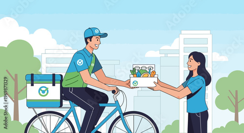 Delivery man on bicycle gives box of groceries to woman, urban background