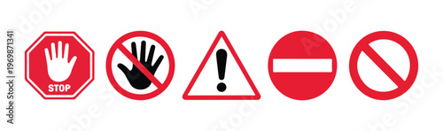 Set of warning and stop signs, prohibition symbol, no entry and danger hazard attention sign. Free Download Set of warning and stop signs, prohibition symbol, no entry and danger hazard attention sign. - GFXLoad