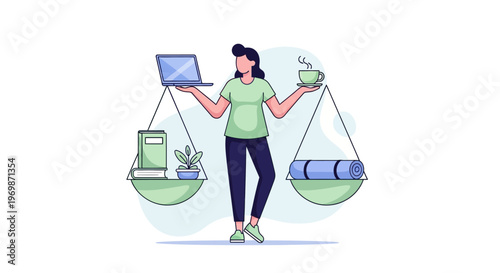 Work life balance concept, woman balancing laptop and coffee with yoga mat and plant