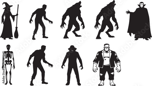 Classic depictions of various mythical and fictional monsters and characters isolated on transparent background, Vector