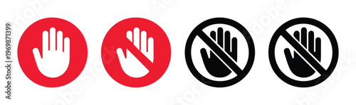 Stop hand sign collection vector graphics set prohibition symbol warning icon red black.