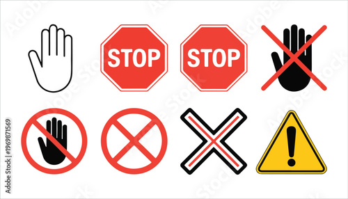 Collection of red octagons with stop signs and hand gestures for warning.