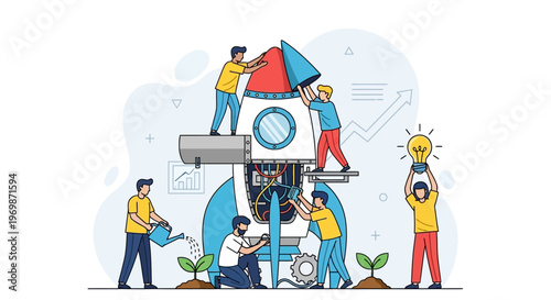 Team Building Rocket Ship Launching Startup Concept