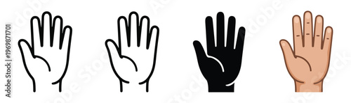 Set of four different hand gesture icons presenting stop or high five in outlined and solid style.
