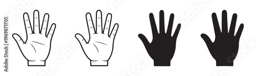 Human hand palm open gesture line art and black silhouette icons on white background set.