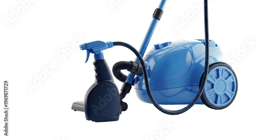 Blue Vacuum Cleaner and Spray Bottle