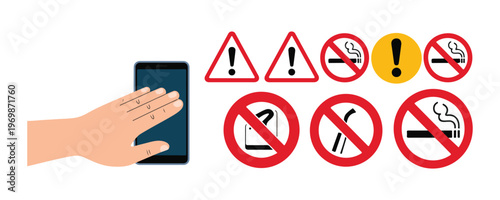 Hand touching smartphone screen with various warning and prohibition signs no smoking.