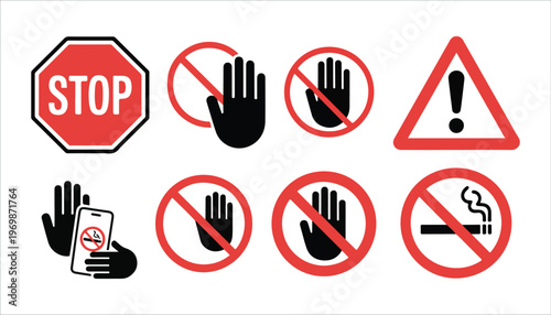 Set of warning and prohibition signs including stop sign hand palm and no smoking.