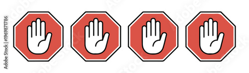 Set of red stop hand signs octagonal shape warning symbol for prohibition and danger.