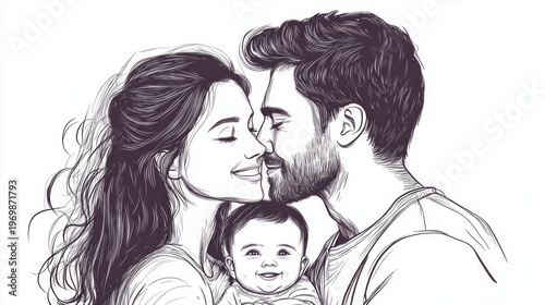 A happy family consisting of parents and a baby is depicted in a black-and-white illustration with their eyes closed, serving as the main backdrop for family values.