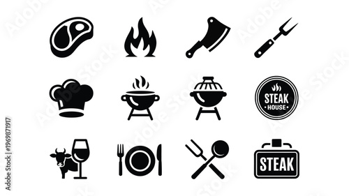Culinary icons set featuring grilling steak and barbecue symbols for professional branding and design