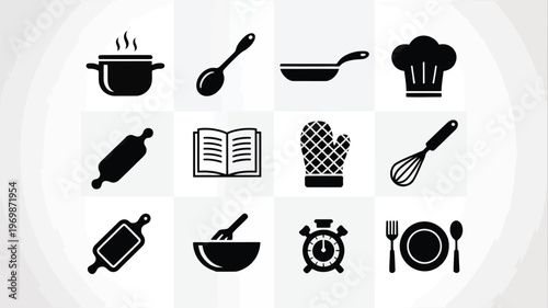 Black and white icons of cooking utensils and kitchen tools arranged neatly in a grid layout featuring a chef hat pot pan spoon whisk rolling pin oven mitt timer
